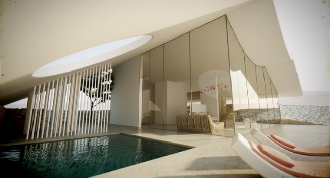 arkitektonisk visualisering modern villa pool solstolar