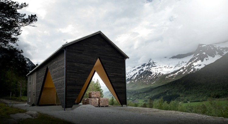 Skandinaviskt hus med modern veranda i svart trä