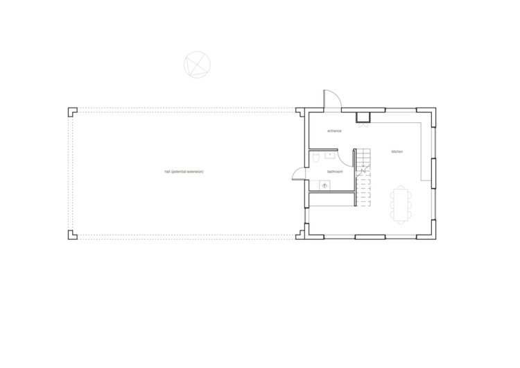 Skandinaviskt hus - planlösning på bottenvåningen med kök och vardagsrum
