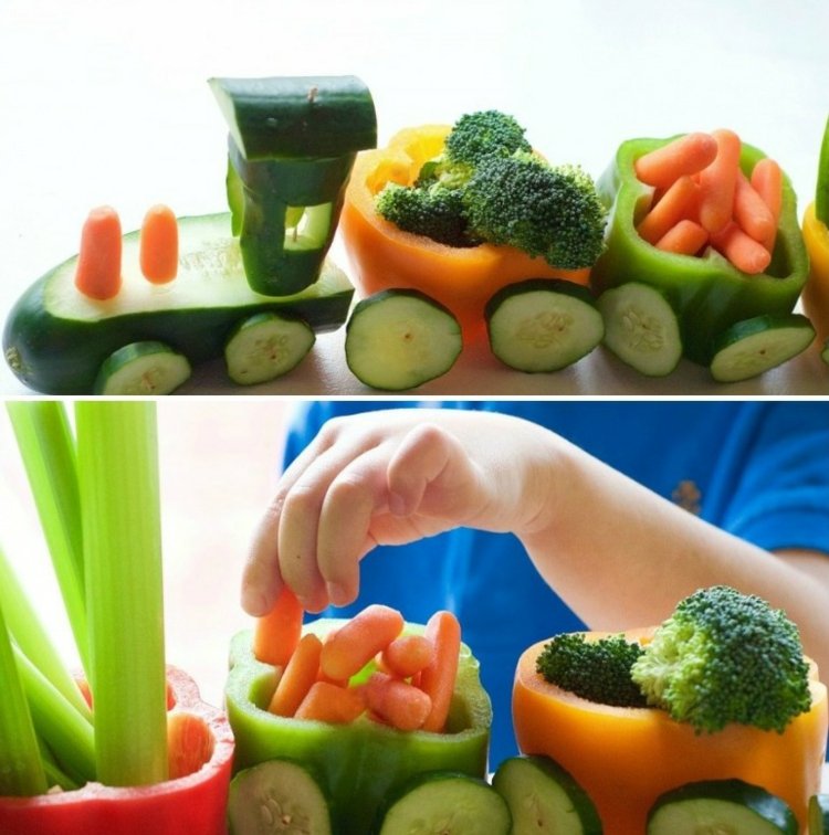 mat för barn idé-tåg-paprika-morot-broccoli-vagn