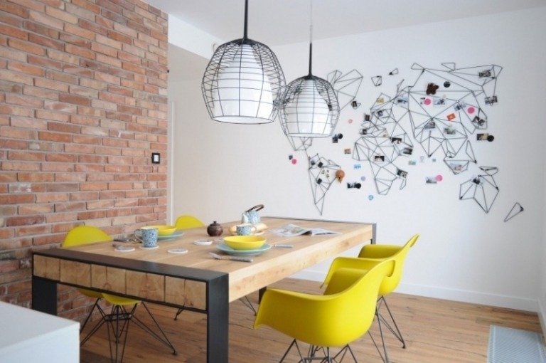 Matsalsmöbler -världskarta-geometrisk-abstrakt-matbord-massivt trä-plast-stol-gul