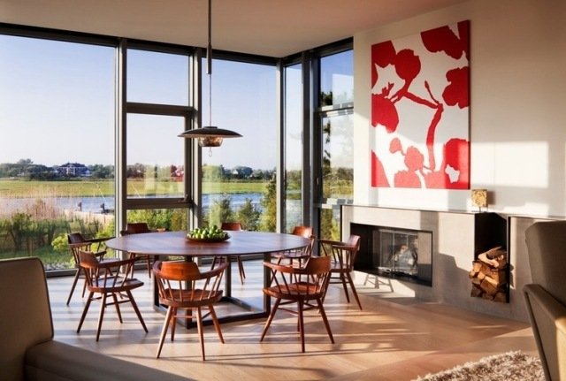 Moderna möbler-snygg-matsal-design-inomhus-öppen spis