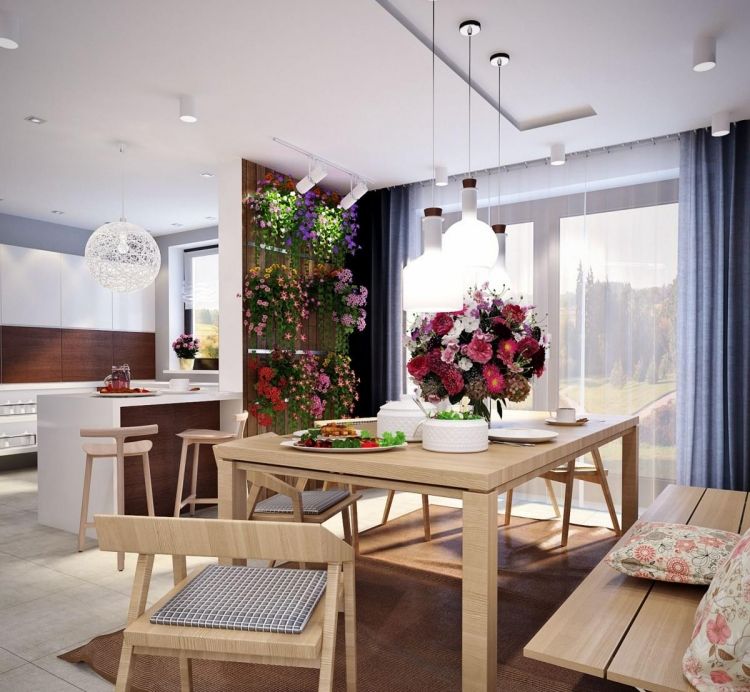 Matsalsidéer 2015-trä-matsal-bord-stolar-bänk-hängande blommor-väggdekoration