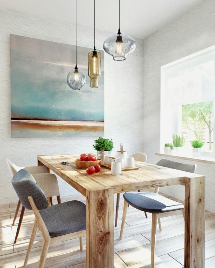 Matsalsidéer 2015-massivt trä-matbord-olika-stolar-hängande lampor