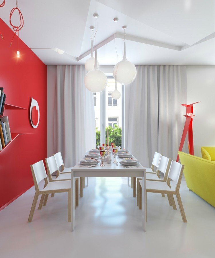 matsal i röda och vita-möbler-idé-gardiner-gul-soffa