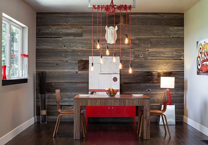 vägg trä matsal röd skåp accenter möbler