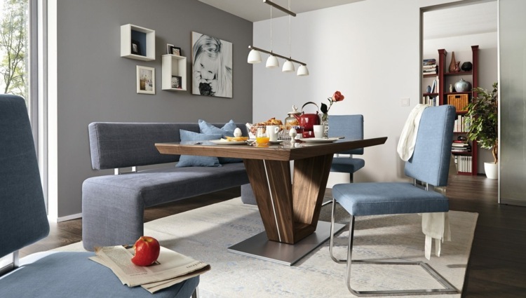 matsalsmöbler blå-grå-färg-stolar-bänk-modern-matbord-form
