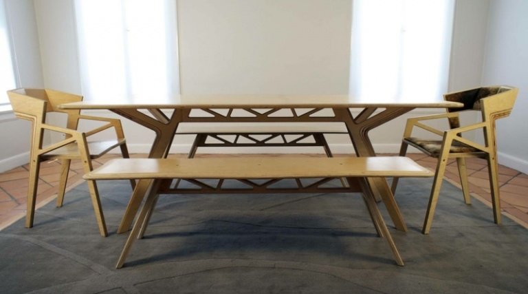 matsal med bänk minimalistisk design trä original form matbord stolar