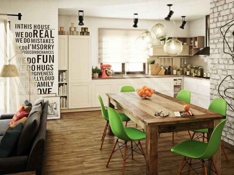 matsalsstolar eames grön modern köksinredning vit tegel