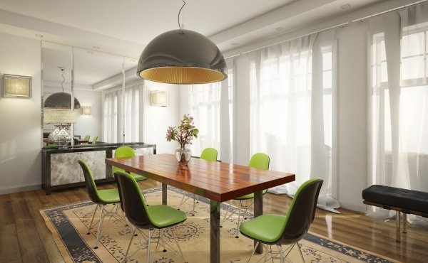 Matsalsmöbler Grönklädda stolar-hängande lampa