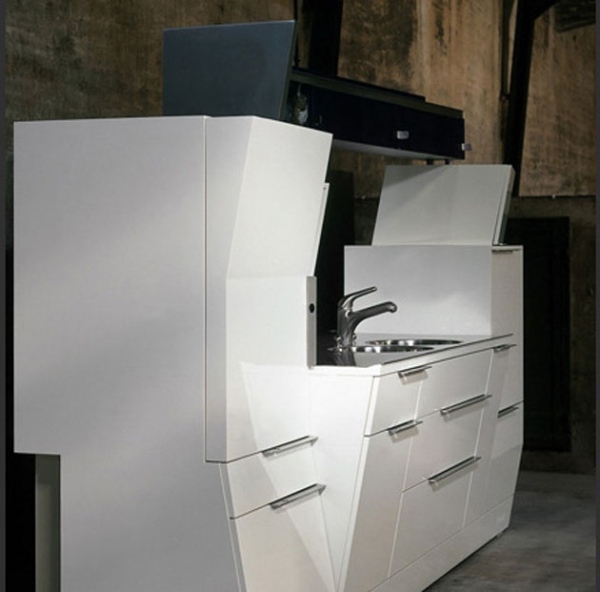 Modernt loft kök-vit skåpdesign asymmetrisk modell