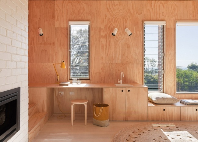 Australien hus trä inredning design öppen planlösning vardagsrum design