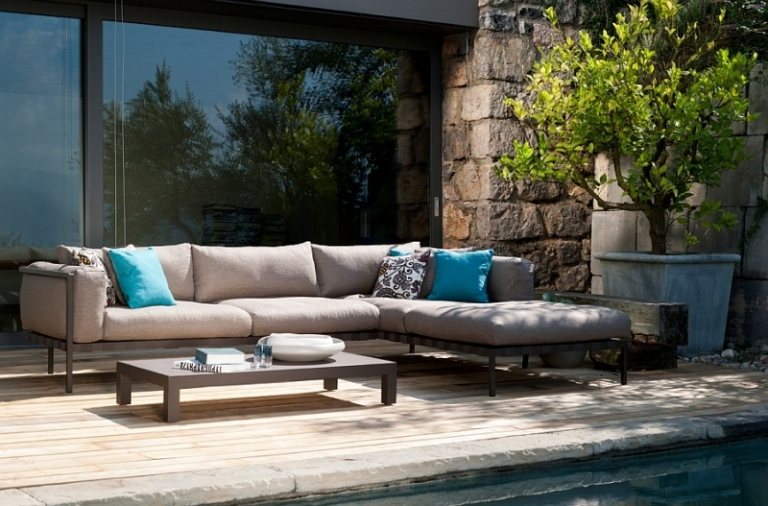 Pool terrass möbler lyx utomhus soffa grå klädsel