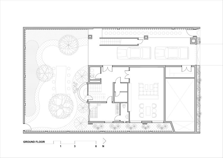 Husplan med platt tak, bottenvåning och garage