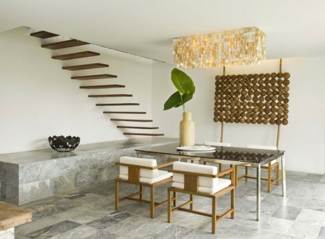 Hus rostfritt stål bord moderna möbler trätrappor kokosnöt trä sten klinkergolv