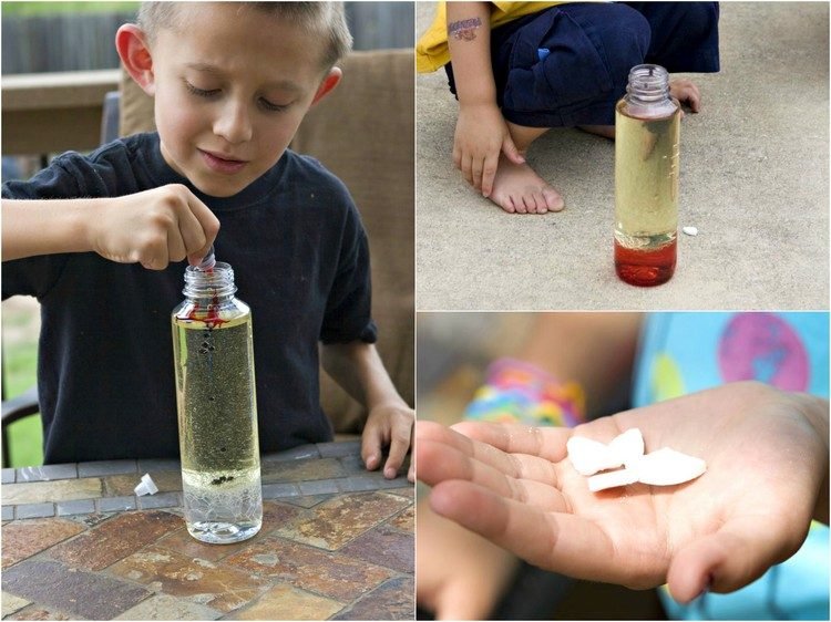 Experiment för barn matfärg-lösning-olja-vatten-brusande tablett