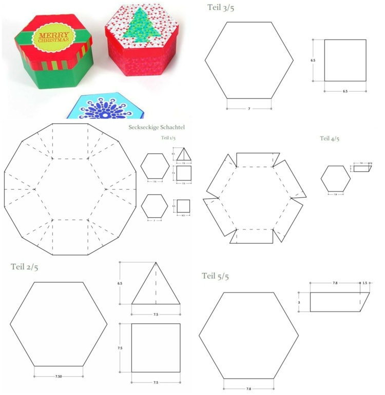 Explosionslåda jul tinker mall papper hexagon låda enkel