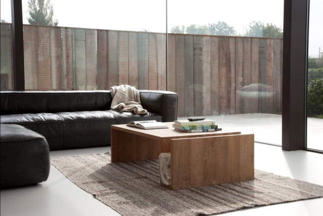 modernt vardagsrum möbler soffbord-teak trä lädersoffa