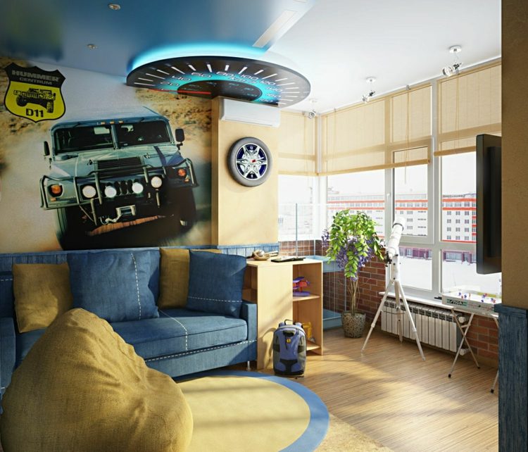 färg vägg design fototapeter terrängfordon blå gul interiör