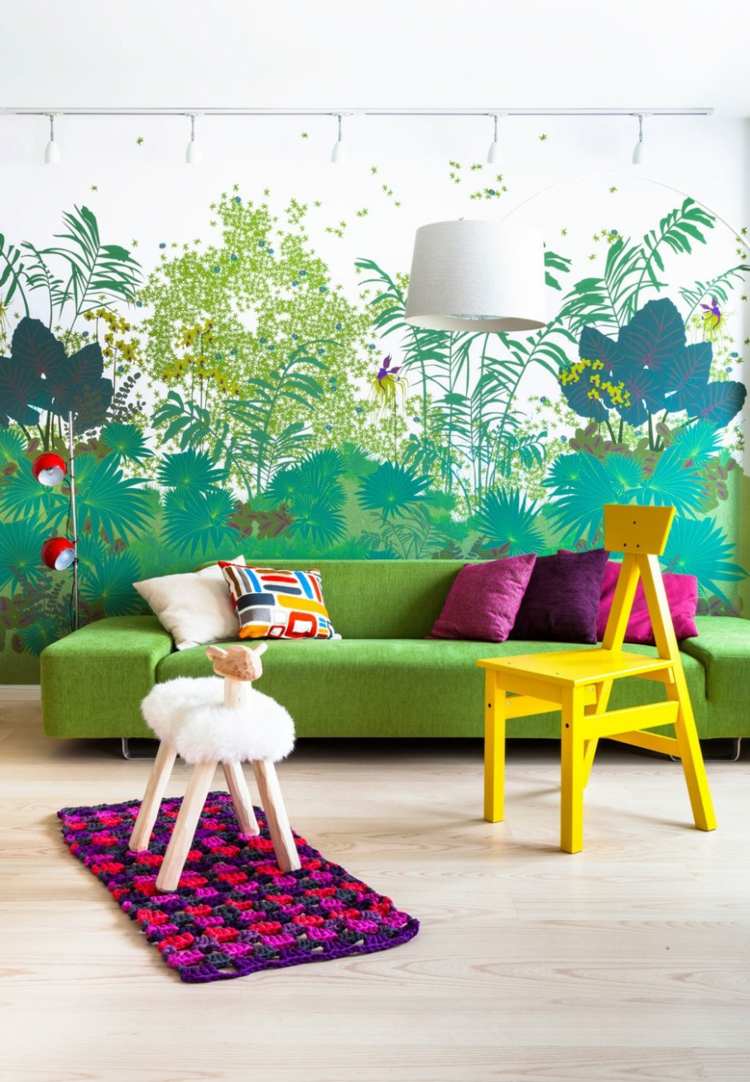 färg väggdesign skogsmotiv modern design soffa grön