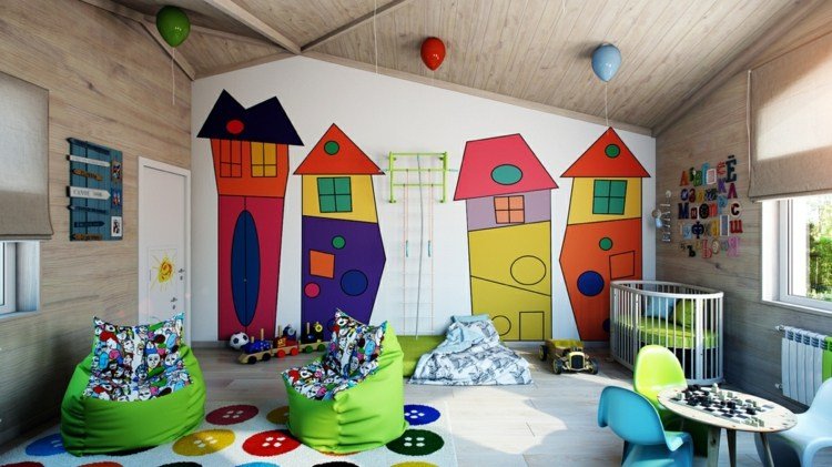 färg vägg design hus abstrakt färgglada beanbags gröna