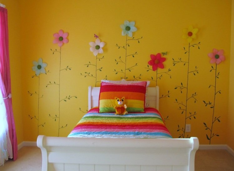 färg och väggdesign gula blommor design sängkläder färgglada