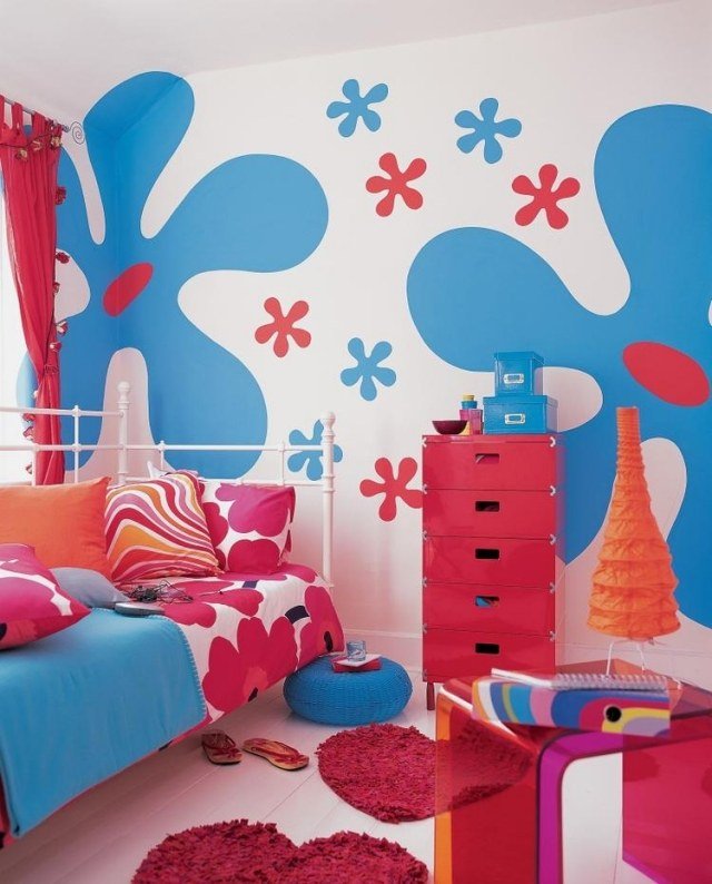 vägg-design-plantskola-flicka-blå-röda-blommor-retro-stil