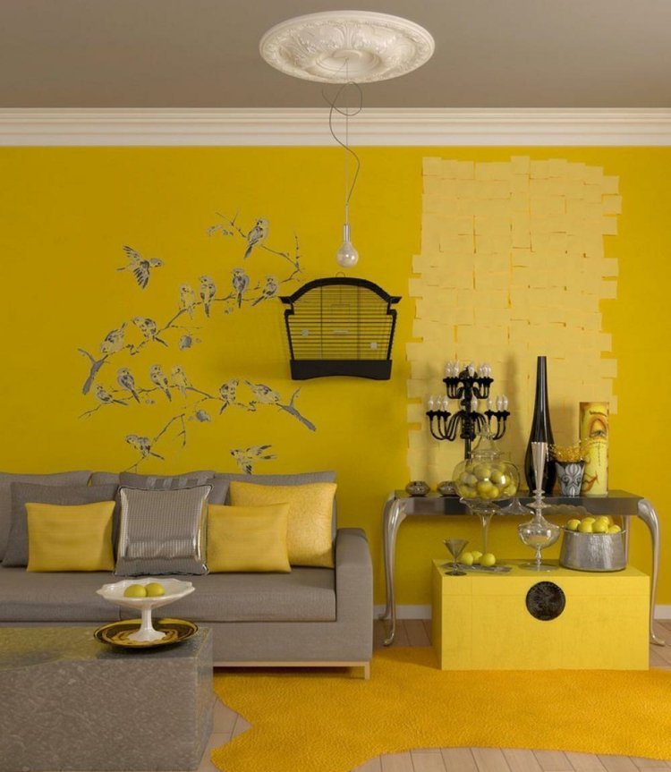färger för vardagsrum gul väggdekal grå möbelbur