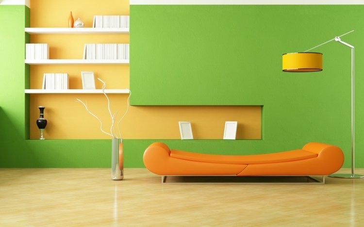 färger för vardagsrum grön orange canape golvlampa hylla