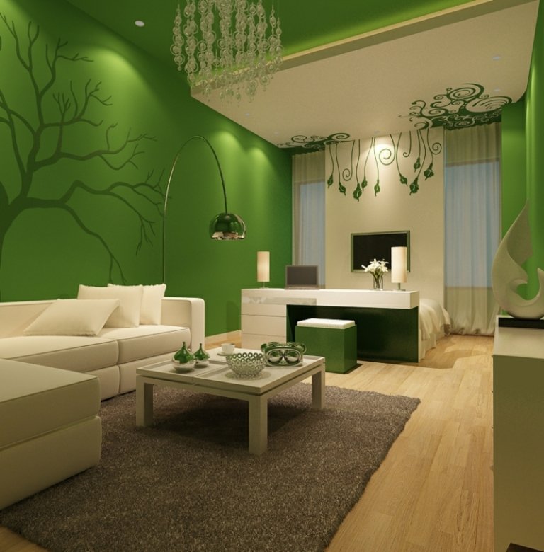färger för vardagsrum grön grå matta ljuskrona soffa vit