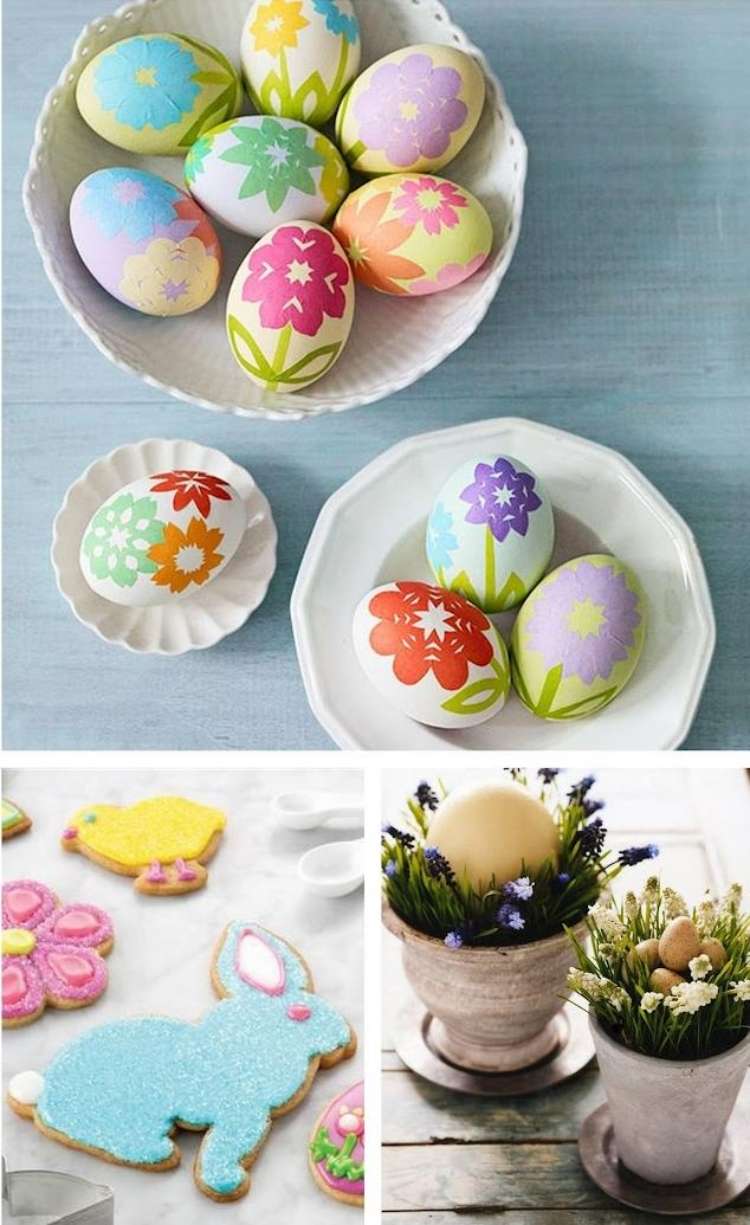 dekoration-påsk-bord-dekoration-färgglada-ägg-kex-blomkruka-idéer