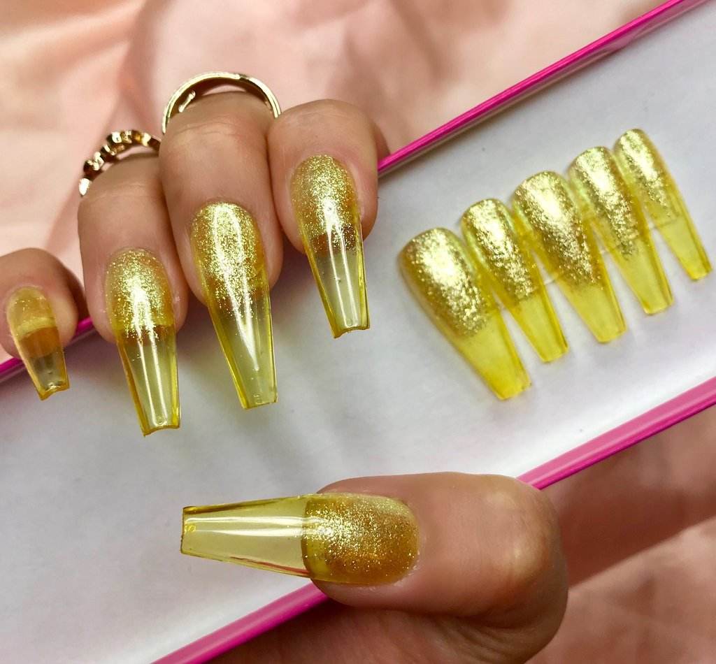 Beställ gelé naglar online Konstgjorda naglar neongula nagellack glitter nageltrender sommar