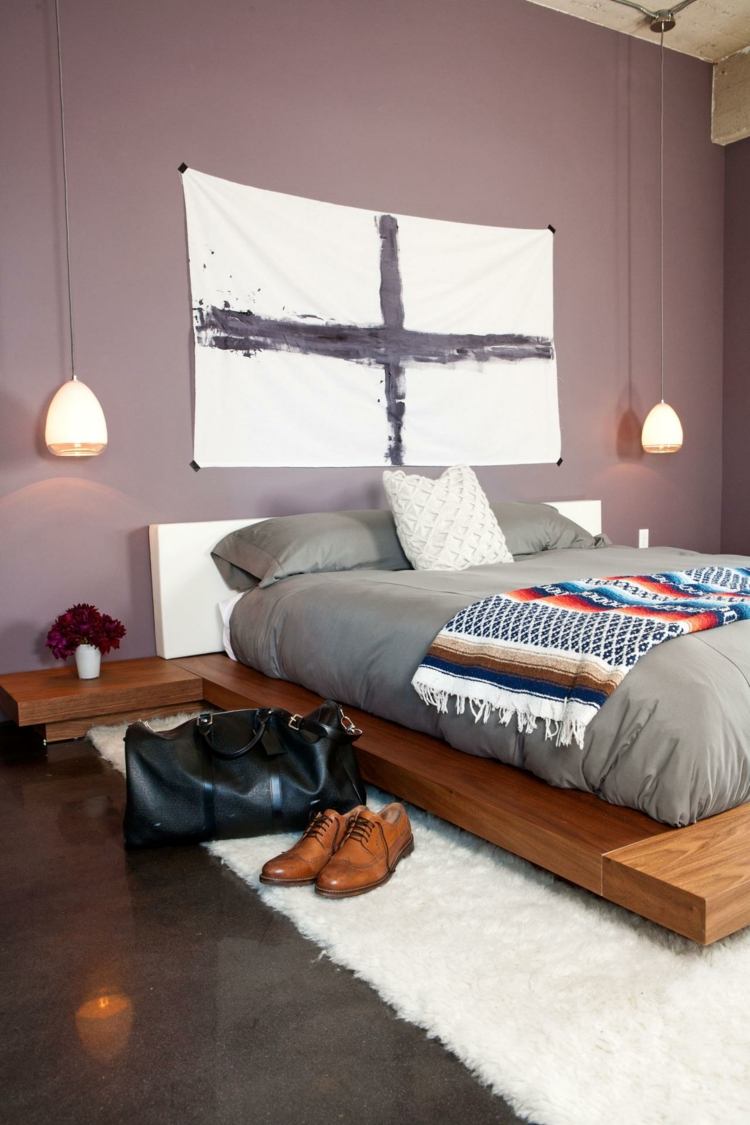 färgdesign för sovrum lila nyans maskulin möbel trä säng
