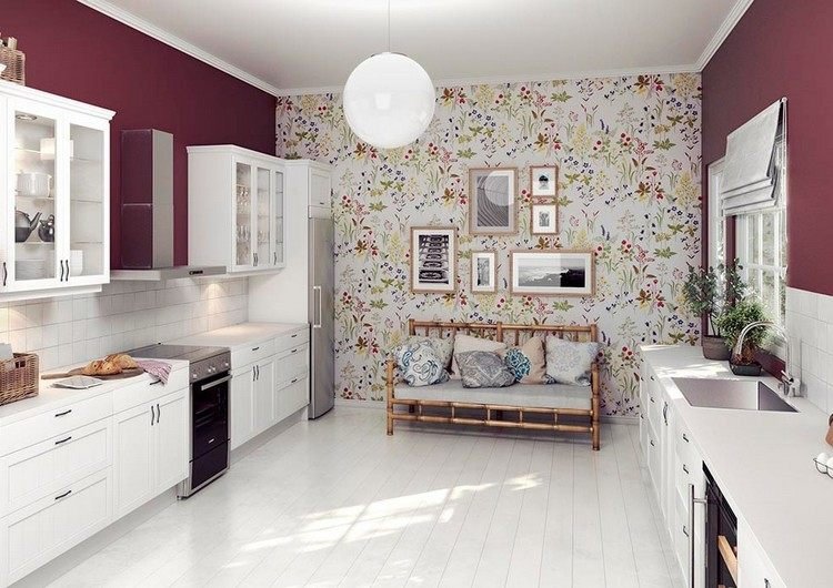 vit-kök-lantlig stil-bär-röd-vägg-måla-blomma-tapeter