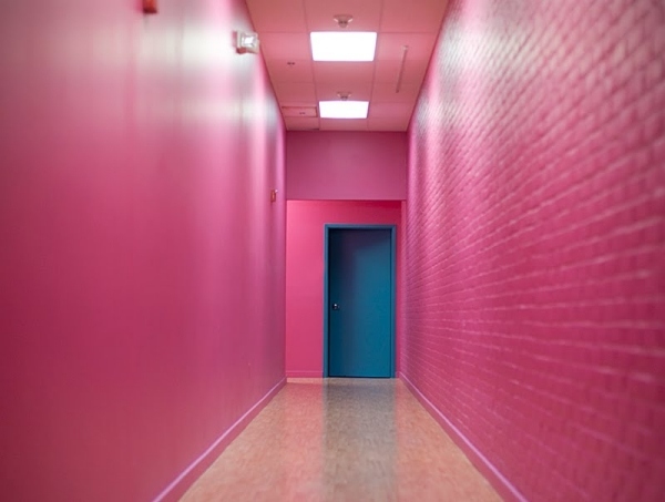 Rosa-hall-väggar-blank-struktur-tegel-målade-dekorativa gips