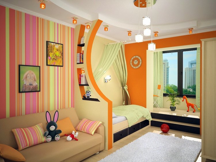 färg-design-i-barn-rummet-orange-sov-område-rum-avdelare-hylla-vardagsrum-ränder-tapeter