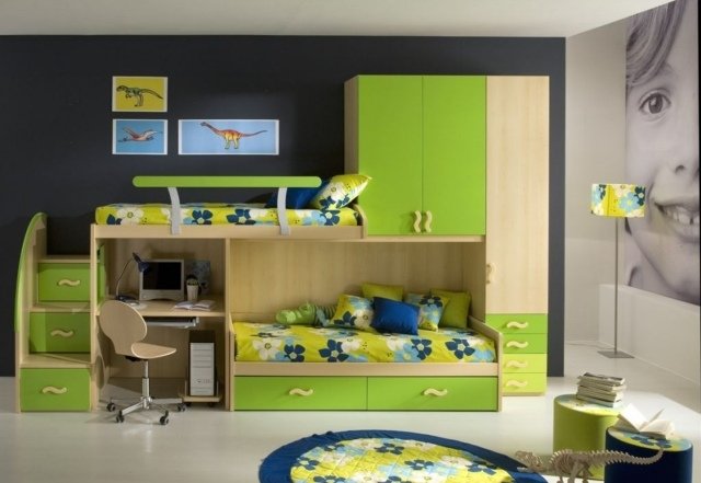 färg-design-barnrum-pojke-mörk-grå-vägg-färg-grön-möbler