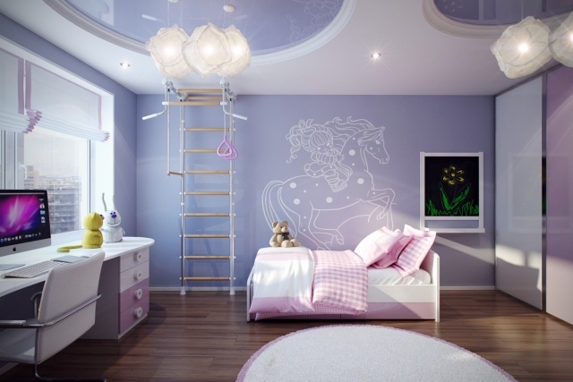 färgdesign i barnrummet-flicka-lila-vägg-måla-vit-möbler-deco