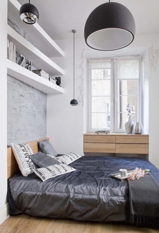 litet sovrum-design-färger-vit-ljusgrå-trämöbler-laminatgolv