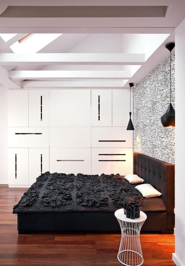 färgschema i sovrummet-idéer-modernt-svart-vitt trägolv