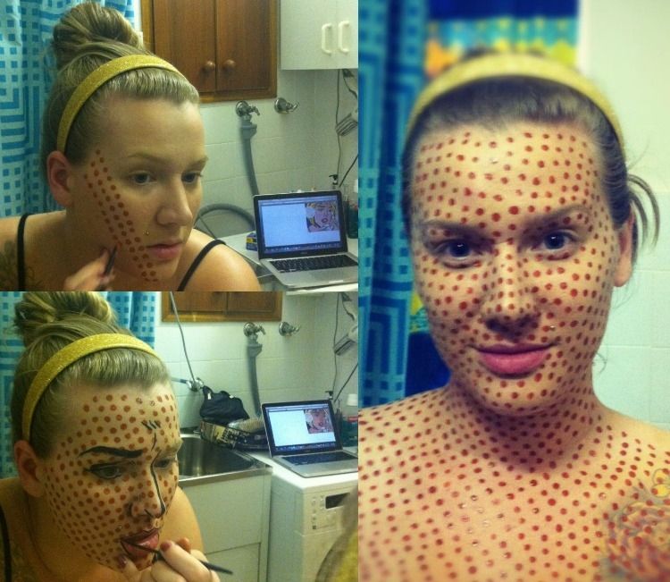 karneval-kostymer-damer-smink-instruktioner-pop-art-kvinna-prickar-svart-konturer