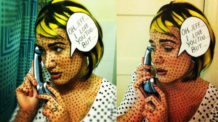 Mardi Gras-kostymer-damer-smink-instruktioner-pop-art-prickar-svart-konturer-tal-bubbla