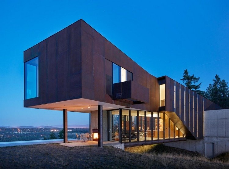 fasad stål glas flytande hus design
