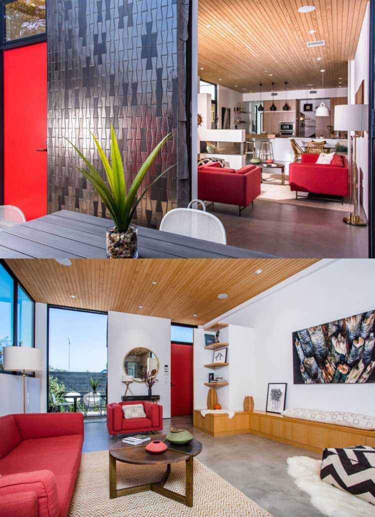 Fasad i grå-kakel-beklädnad-utsida-inuti-rött