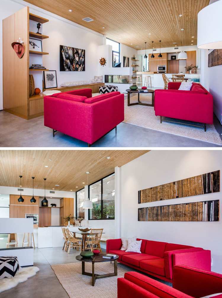 ljus-interiör-trä-tak-moderna-möbler-röd-fåtölj-soffa