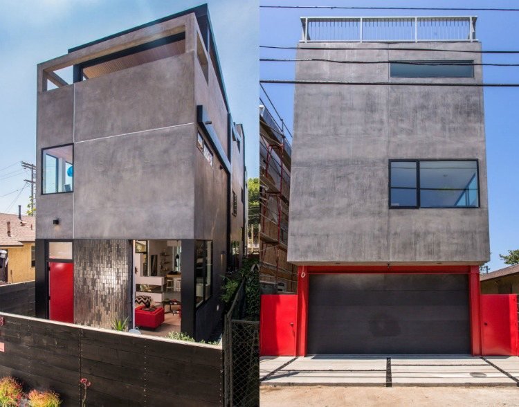 Fasad i grå-betong-putsad-arkitekt-hus-röd-accenter