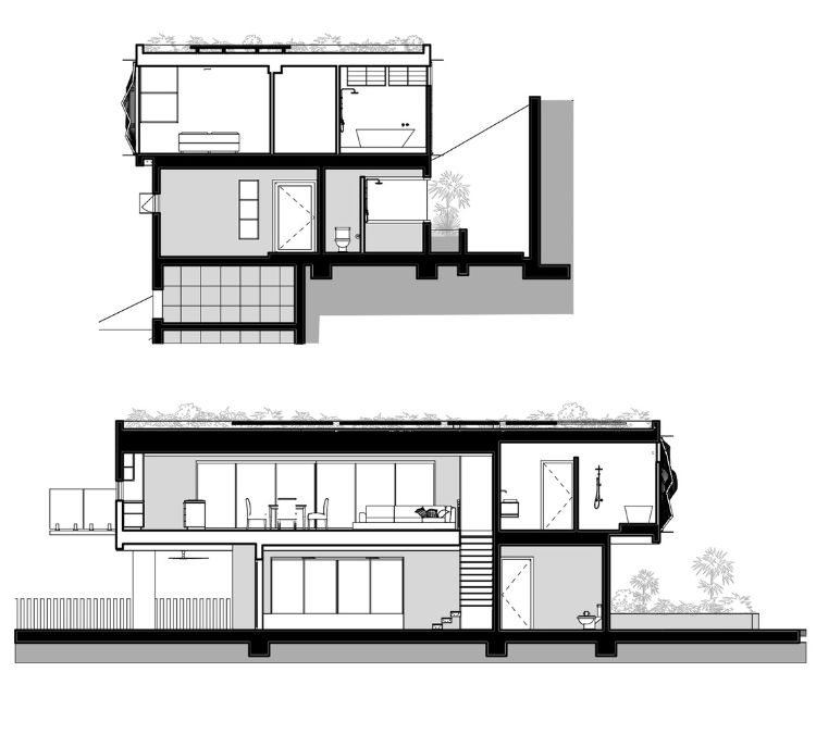 Fasad med träklädd modernt designerhus brise soleil golvplan golv plan sidovy