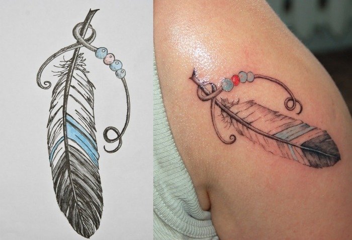 färgglada fjäder tatuering design överarm axel kvinnor motiv