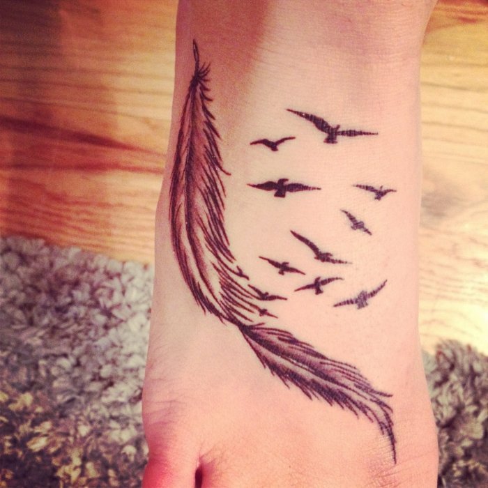 fjäder-tatuering-med-fåglar-symboliserar-frihet-vrist-kropp-smycken