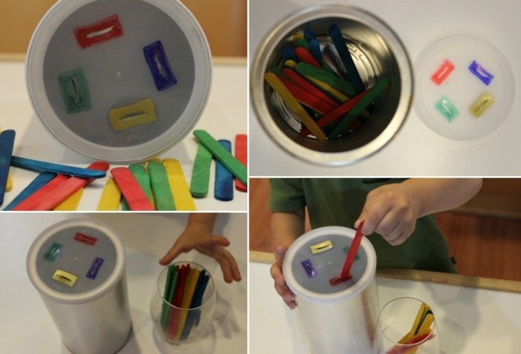 främja finmotorik barn-sortera-färg-burkar-lock-slots-färg-glasspinnar